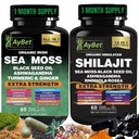 Sea Moss Shilajit Combo Bundle Kapsula, črno olje, Ashwagandha, Rhodiola Rosea, Burdock, Kurkuma, Ginger, VitC, VitD3, Vse v enem dodatku, 120 Kapsule, Halal, Vegan, USDA Organic