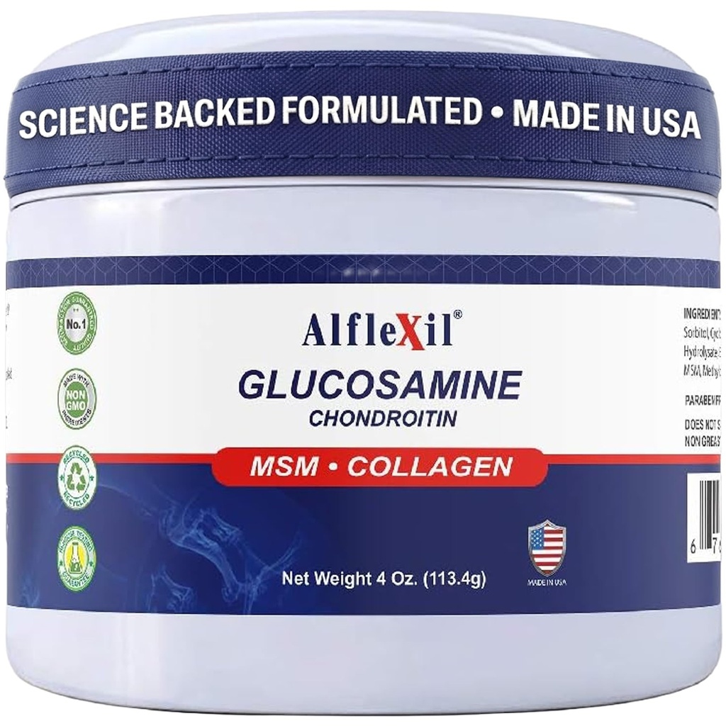 ALFA VITAMINS Alflexil Glukozamin Plus Chondroitin Cream z MSM & Collagen, Podpira zdrave sklepe, Joint & mišice lajšanje bolečine, Izboljša mobilnost, hitro absorpcijo, in vlaži kožo, 4 Oz.