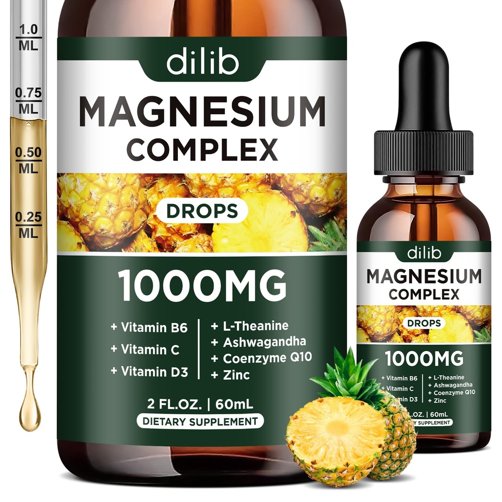Triple Magnezij kompleks dopolnilo, Magnezij Glicinat, Mešanica, Citrate tekoče kapljice 1000mg z Ashwagandha, CoQ10, Vitamin B6, C, D, cink - Vegan Ananas aroma