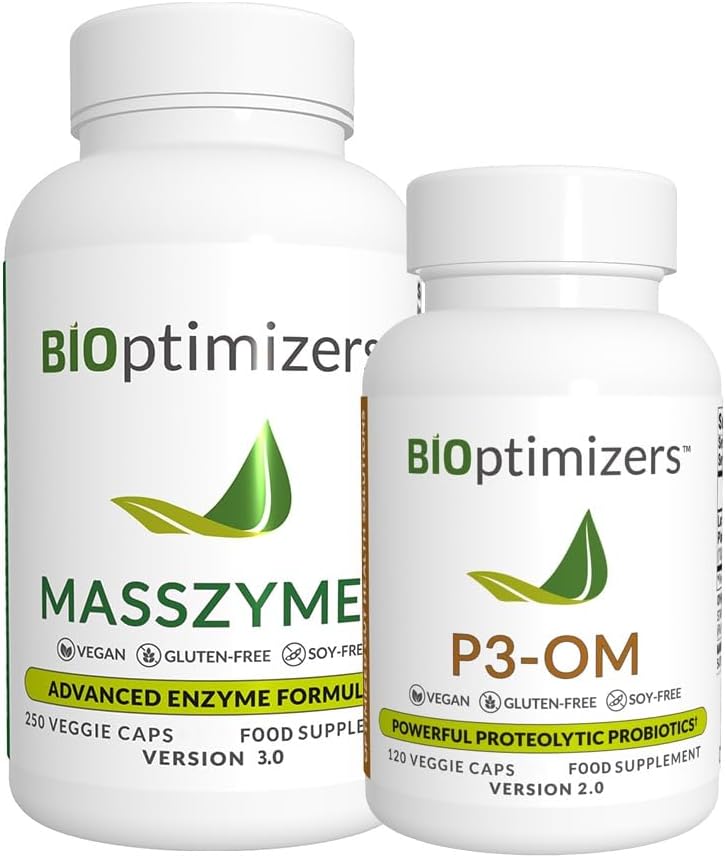 BiOptimizatorji - P3-OM in MassZymes Bundele - Premium prebavni encimi in probiotiki za ženske in moške - doktor Formulated (250 MassZymes kapsule, 120 P3-OM kapsule)