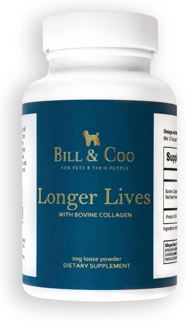 BILL & COO Daljša življenja Fiber dodatek z govejim kolagen peptidi & pese v prahu za pse - spodbuja digestivno, srce in jetra podporo - pasji sklepi dodatek formula - 90g