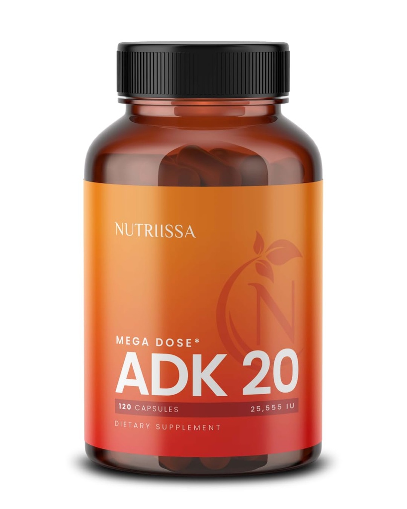 Nutriissa ADK 20 - Imunska in kostna zdravstvena podpora z vitamini A, D & K (25.000 i.e.) - 4-mesečna oskrba - EPEB Certified for Purity & Potency - 120 veganskih kapsul