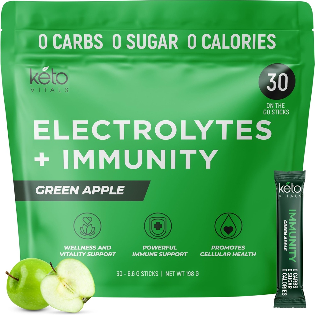 Keto Vitals Immuniteta Sladkor brez sladkorja Elektroliti v prahu z vitaminom C, ingver, kurkuma, & Elderberry - Poživite imunski sistem in rehidrirajte telo - Zelena Apple Flavor, 30 Count