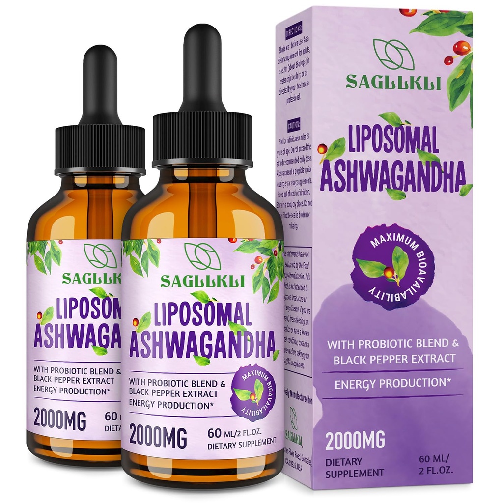 Liposomske Ashwagandha tekoče kapljice 2000mg, Ashwagandha Root Extract dodatek (7% Witanolides) s črno papriko ekstrakt in probiotiki za fokus, Kognition & Energija - 4 FL.OZ (2 steklenica)