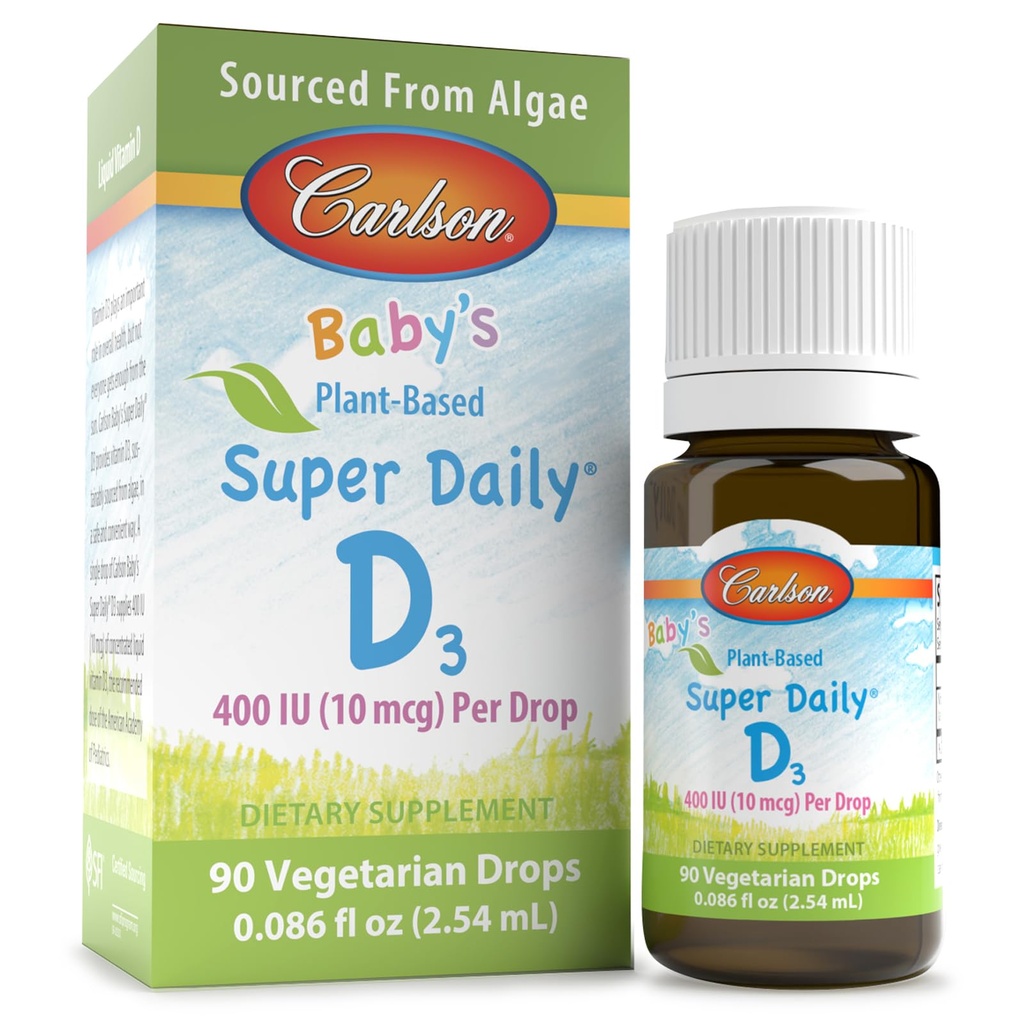 Carlson - Baby's Plant-based Super Daily D3, Baby vegetarijanske kapljice tekočega vitamina D, 400 i.e. (10 mcg) na kapljico, pridobljeno iz alg, za dojenčke in malčke, brez arome, 90 kapljic (2,54 ml)