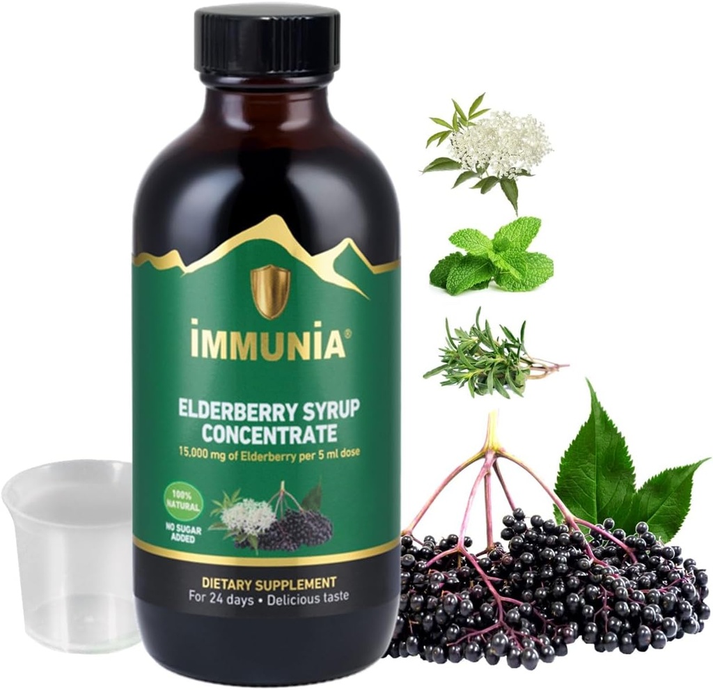Immunia Elderberry Sirup pomaga okrepiti imunski sistem. Bezgove jagode Koncentrirajte se z Starejšo rožo, Timom in Peppermint. Brez dodanega sladkorja. Okusen okus. 24 dni/steklenica. (pak)