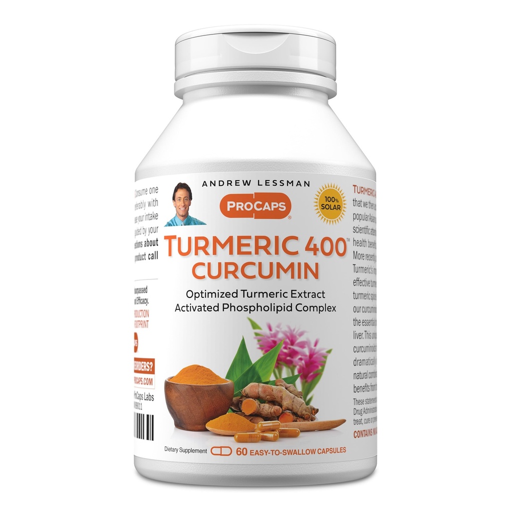 ANDREW LESSMAN Turmeric 400 mg - 60 kapsul - 95% kurkuminoidov kot fosfolipid kompleks za optimalne koristi in absorpcijo, visoko jakost standardiziran ekstrakt, majhne kapsule enostaven za pogoltniti