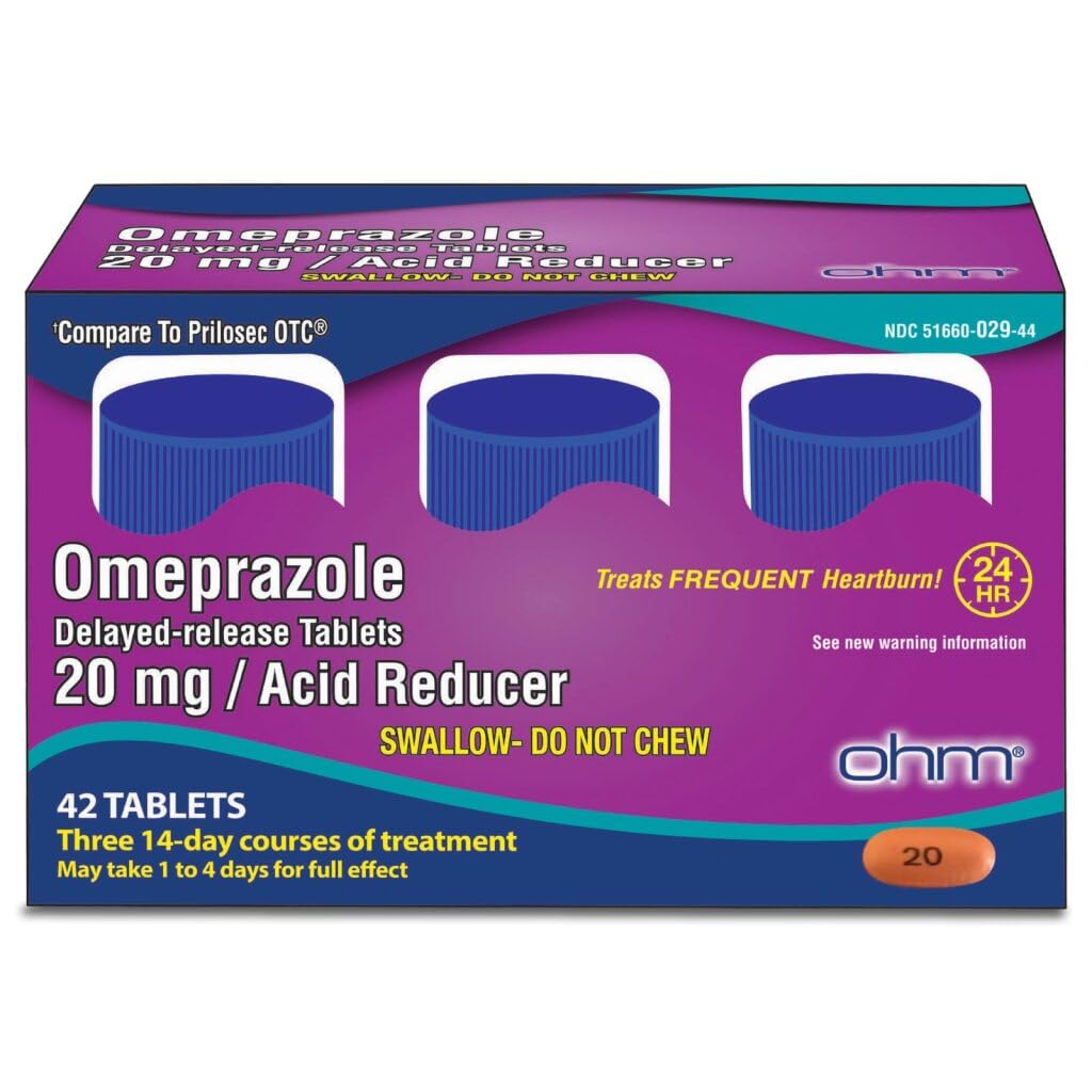 Ohm Omeprazol 20mg, 42 Zapoznele tablete za sproščanje, reducent kisline za pogosto zgago, 24-urno lajšanje zgage Medicine, pomaga lajšanje želodčne bolečine in nelagodje v prsih (6 tednov dobave, 42, Število)