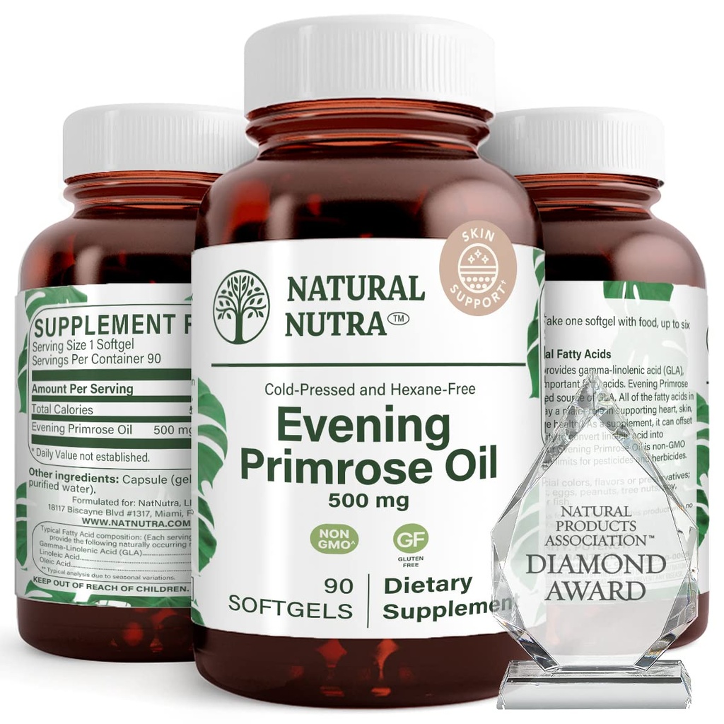 Natural Nutra Evening Primrose Oil Supplement from Maščobne kisline, Živčno zdravje, Pomaga zmanjšati mehurčke kože, Balance telo secretions, spodbujanje zdravja srca, koža jasnost, 500 mg, 90 Mehkužci
