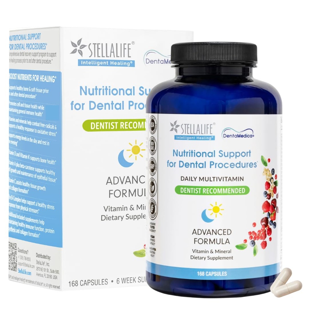 StellaLife DentaMedica Vegan Daily Multivitaminska prehranska podpora za hitrejše okrevanje zobne kirurgije, VIT D3 K2 C B cinkov CoQ10 Magnezij, Zdrave kosti in žvečilni gumi, Ne-GMO, GMP ZDA, 168 Kapsule