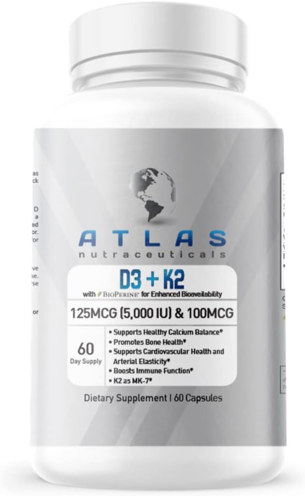 Atlas Nutraceuticals-Vitamin D3+K2- Vitamin D3 5000IU Plus K2, 2 v 1 Formuli, MK7 Vitamin K2, 60 Kapsule, Imunski vitamin kompleks