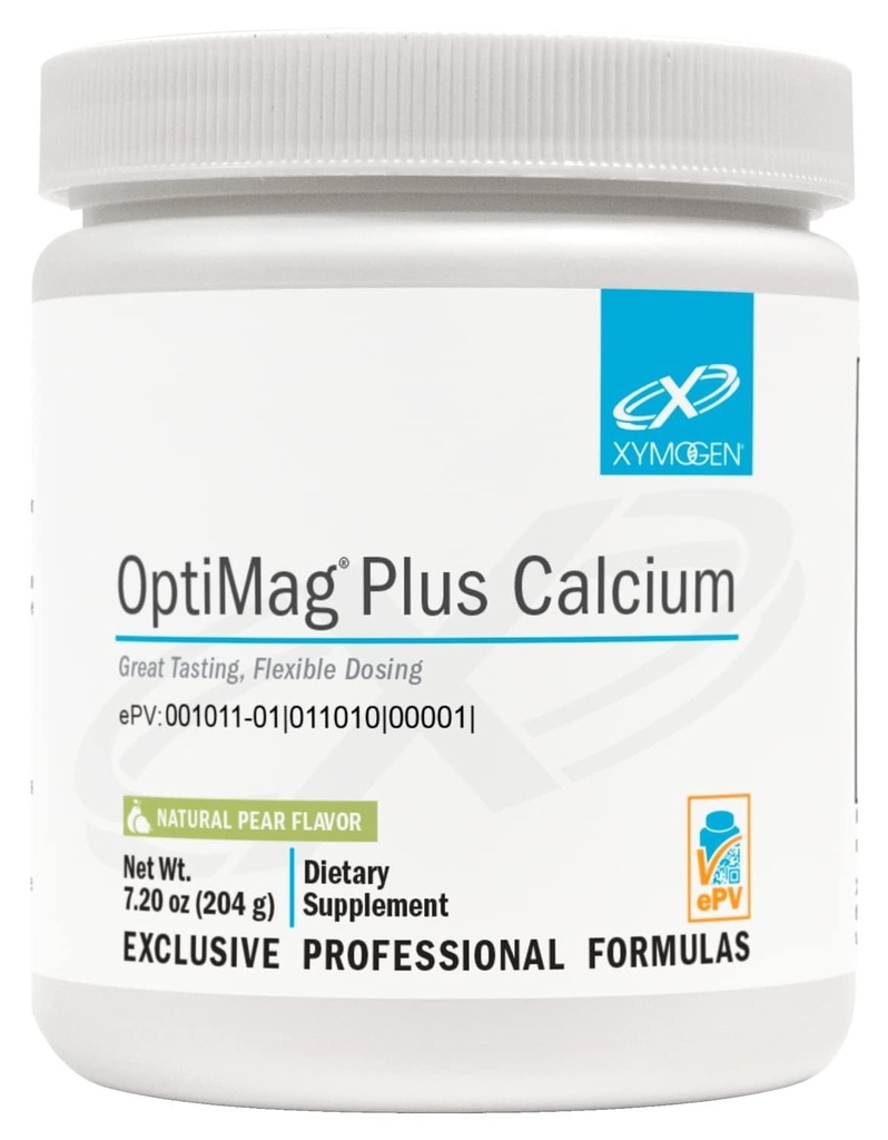 XYMOGEN OptiMag Plus kalcij - odlično okusen magnezijev prah s kalcijom za podporo mirne vedenjske sposobnosti, zdravo razpoloženje, zdravo delovanje kosti + mišic - Pear Flavor, z magnezijevim malatom (7,2 oz)