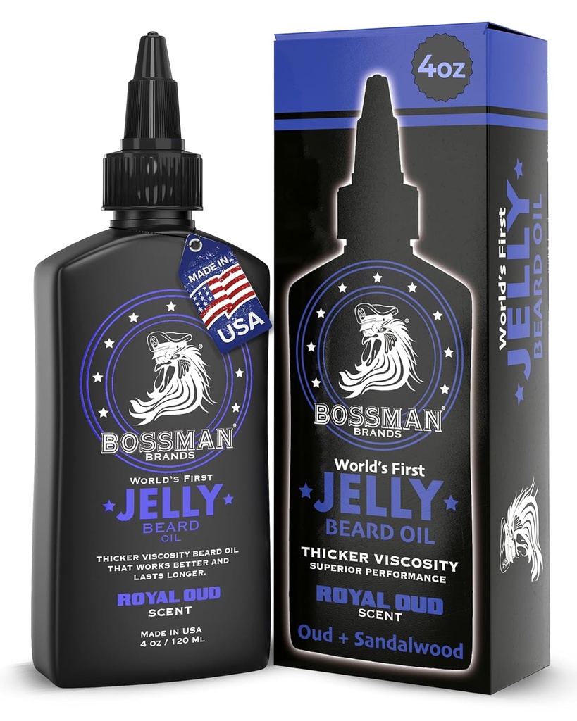 Bossman Jelly Beard olje za moške (4 oz, Royal Oud Scent) – Mehkužci, vlaži & pogoji z naravnimi sestavinami
