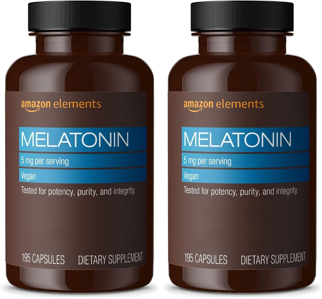Elementi - Melatonin 5 mg Kapsule, Pomaga pri občasni nespečnosti, Vegan, brez arome, 195 Število (Pack of 2), 6 Mesec dobave (Packaging May Vary)