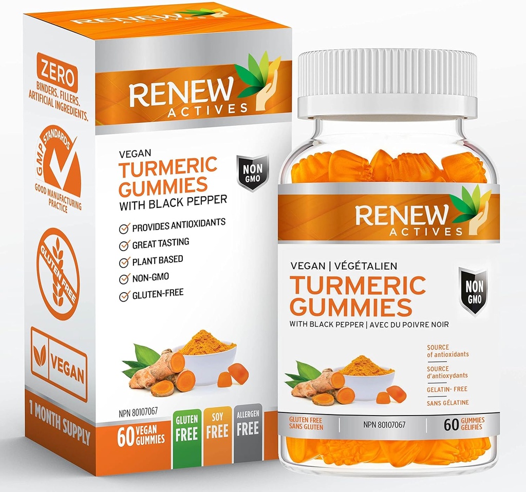 RENEW AKTIVNOSTI Veganska kurkuma 130MG na 2 Gumies s črnim poprom za izboljšano absorpcijo – Antioksidant podpora in imuno zdravje – Velika degustacija, Easy-to-Shallow dodatek, Izdelano v Kanadi– 60 Gumies
