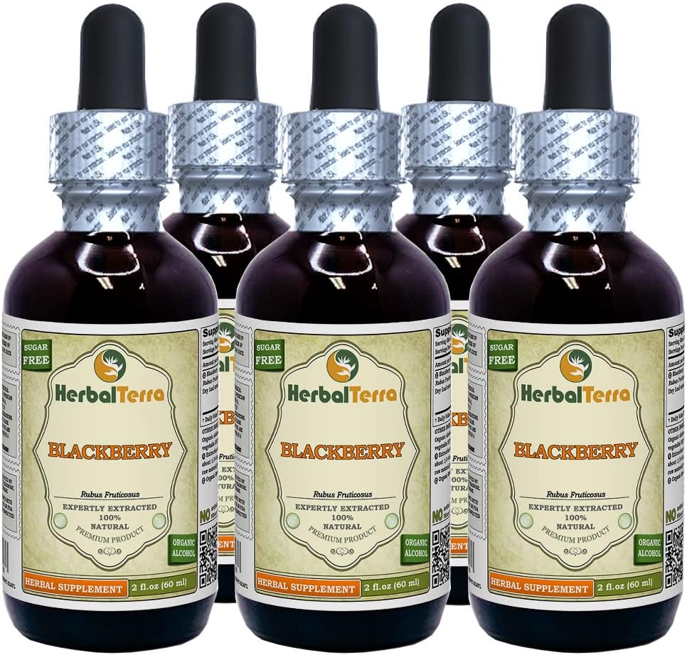 BlackBerry (Rubus fruticosus) Tinktura, Tekoči ekstrakt organskih posušenih listov (Brand Name: HerbalTerra, Proudly Made in USA) 5x2 fl.oz (5x60 ml)