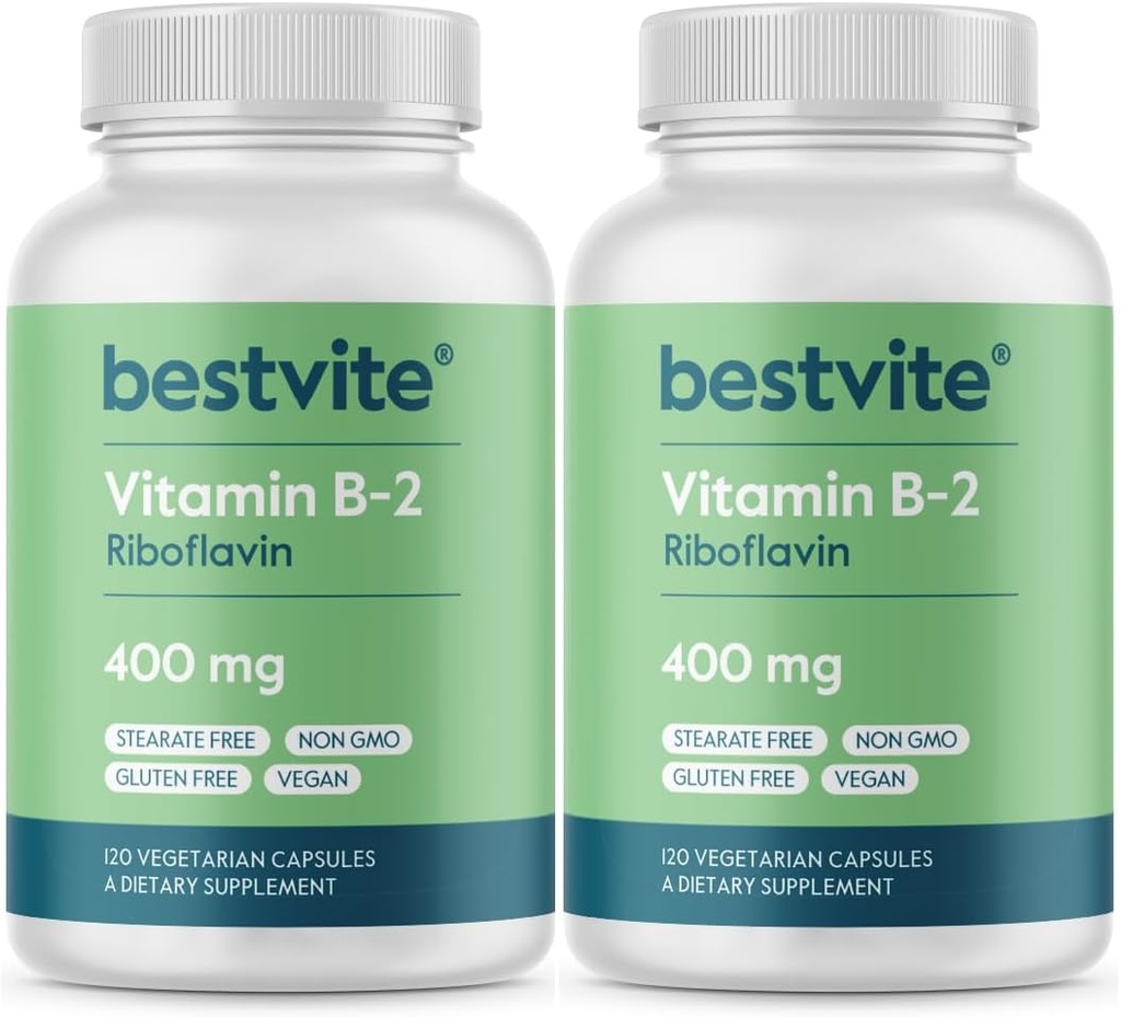 BESTVITE Vitamin B-2 (Riboflavin) 400 mg (240 vegetarijanskih kapsul) (120 x 2) - brez stearat - veganski - brez GSO - brez glutena