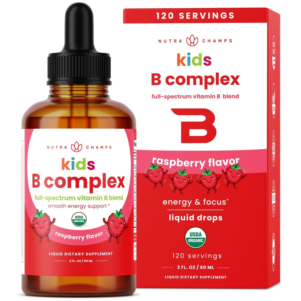 NutraChamps Vitamin B kompleks za otroke, B1, B2, B3, B6, B7, B9 in Metil B12, Otroci B kompleksne tekoče kapljice dodatek, Energija, Fokus, Presnova, Naravni Berry, 120 Serving, 4 Mesec dobave