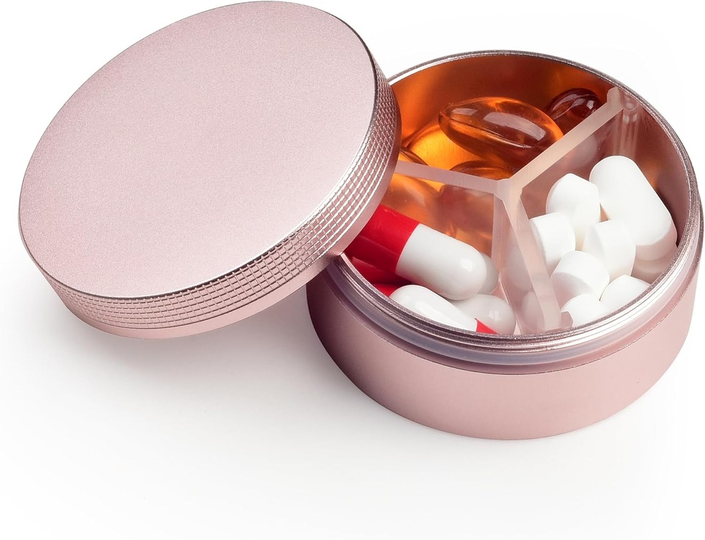 Primer majhne tablete 3 Kompartmaji, Metal Round Prenosne tablete Box, Vodoodporne tablete Organizator, Pocket Purse Medicine Vitamin Imetnik EDC Container (Rose Gold)