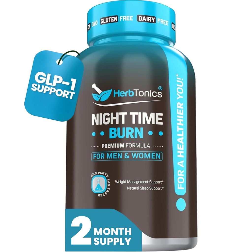 Herbtonics Nočni čas Burn & Sleep Complex podpira Presnova čez noč, Stres Relief & Deep Sleep. Vključuje melatonin, valerijski in zeleni čaj – vegansko upravljanje teže v postelji (60 kapsul)