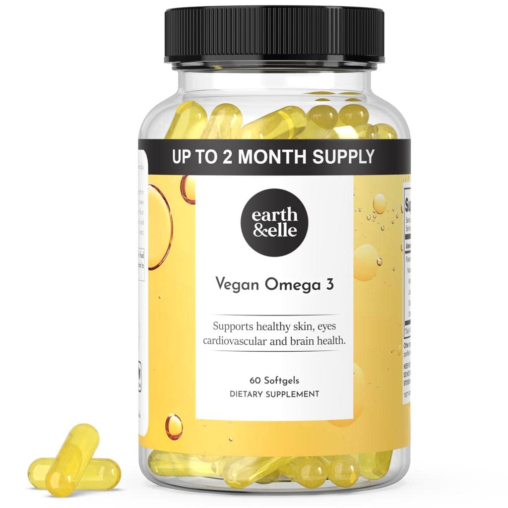 Earth & Elle Algae Omega 3 Supplement - Vegan Omega 3 - Omega 3 Vegan Supplement w/Algae Oil & Vegan DHA - Pomaga pri podpiranju zdravja srca in možganov 1000 mg na strežbo - Brez ribjega pookusa 60 Softgels