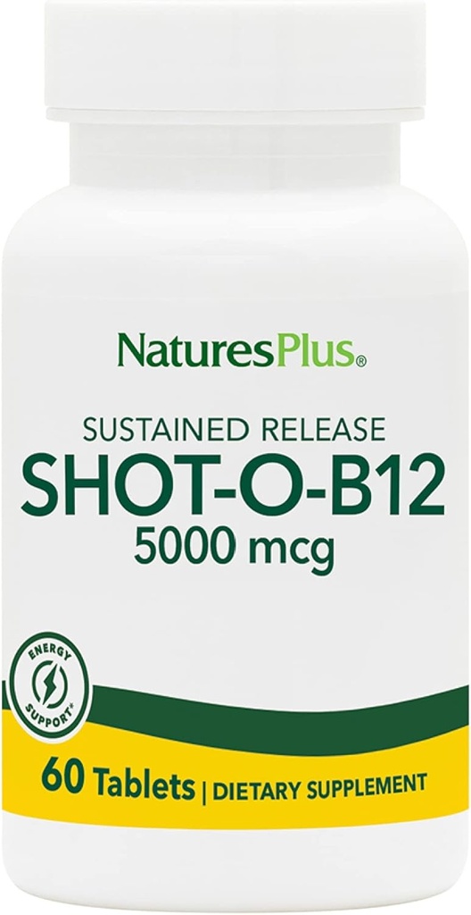 Natures Plus Shot-O-B12 (metilkobalamin), trajen izpust - 5000 mcg, 60 Vegetarian tablete - Visoka moč, hitro deluje B12 dodatek - Memory & Energy Booster - Gluten-free - 60 Servings