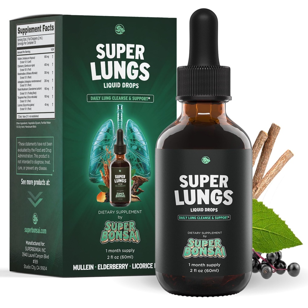 SuperBonsai Super Lungs Mullein kapljice – Herbal Lung podpora Tinkture z Mullein Leaf Extract Elderberry Reishi Marshmallow koren – Podpira jasno dihanje in wellness – 2 oz