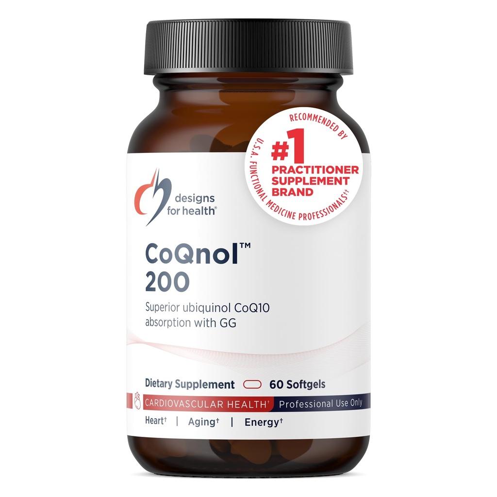Designs for Health CoQnol 200mg - CoQ10 Ubikinol s superior biorazpoložljivost + ekskluzivna absorpcijska tehnologija - dvojni koencimQ10 Boost with GG - Heart, zdravo staranje + celična podpora (60 kapsul)