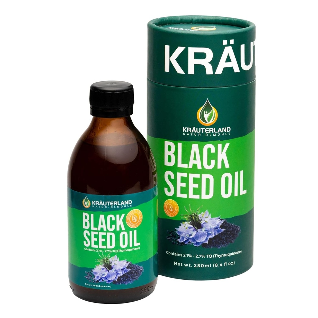Kraeuterland - nov twist ključavnica - brez uhajanja - Naravno črno seme olje tekoče 8,4 fl oz, Nigella Sativa semena olje,High Thymokinon, Hladno stiskano, Vegan, Gluten Free
