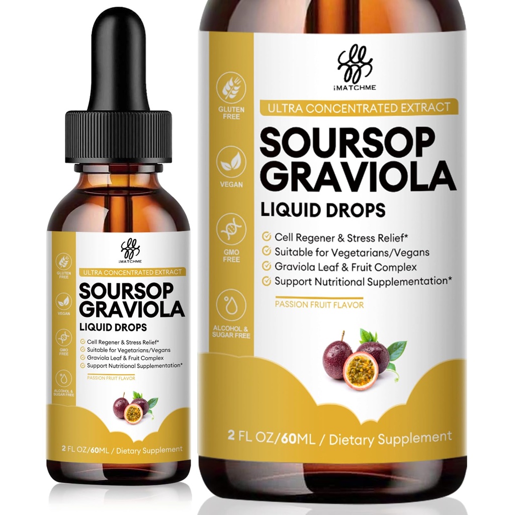 iMACHME Premium Soursop Graviola za prebavo, podpora zdrave kože in spanja, Soursop ekstrakt tekoče kapljice iz graviole in sadja, sladkor/kafein/glutein brezplačno, pasijonski sadni okus, 2 Fl Oz