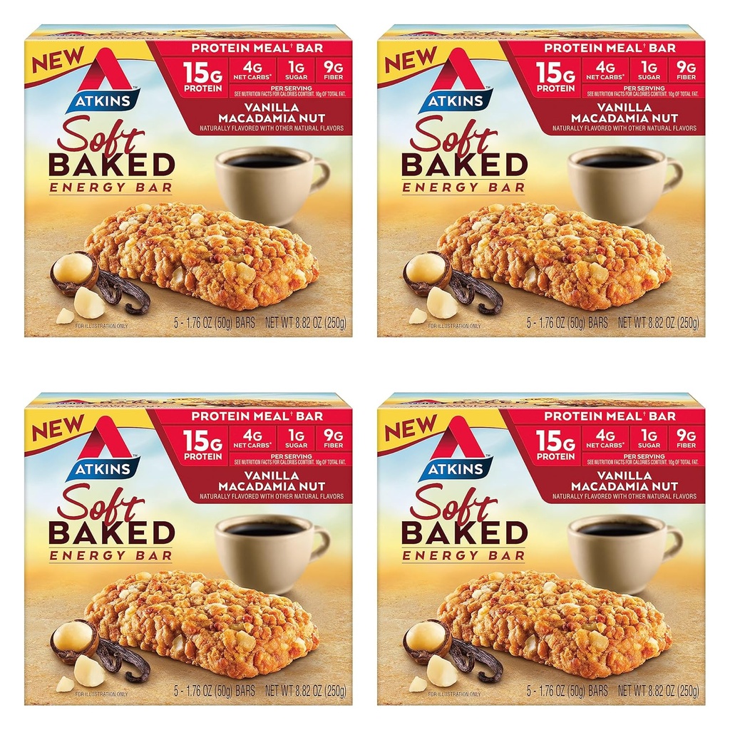 Atkins Vanilla Macadamia Nut arome Soft Baked Energy Bars z visoko vsebnostjo beljakovin, nizko vsebnostjo sladkorja, prigrizek z visoko vsebnostjo maščob, prigrizek beljakovin, 4 pakiranja (4 palice vsak)