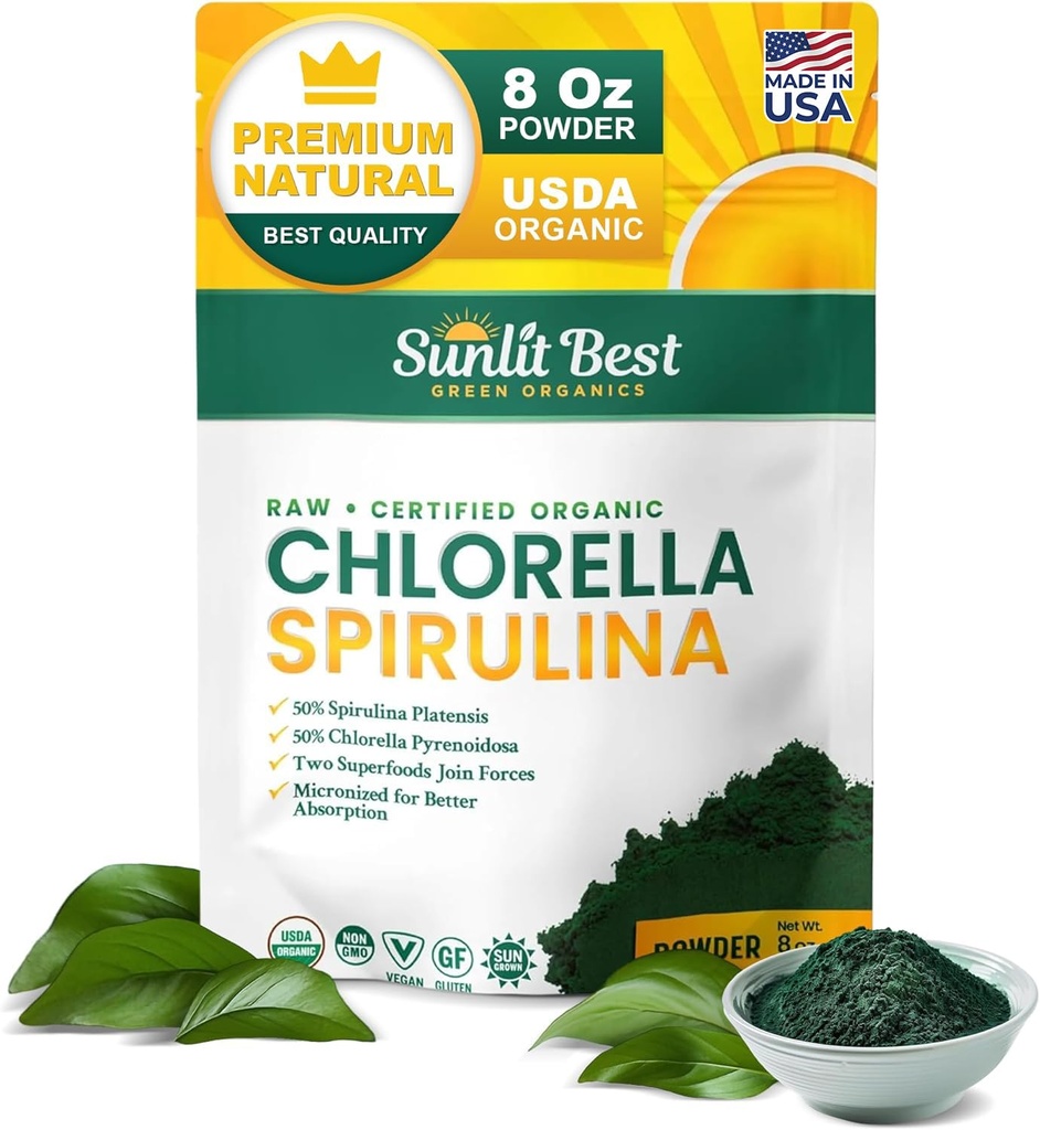 Sunlit Best USDA Organic Chlorella Spirulina Powder - 100% Raw & Vegan Vir beljakovin in klorofila 