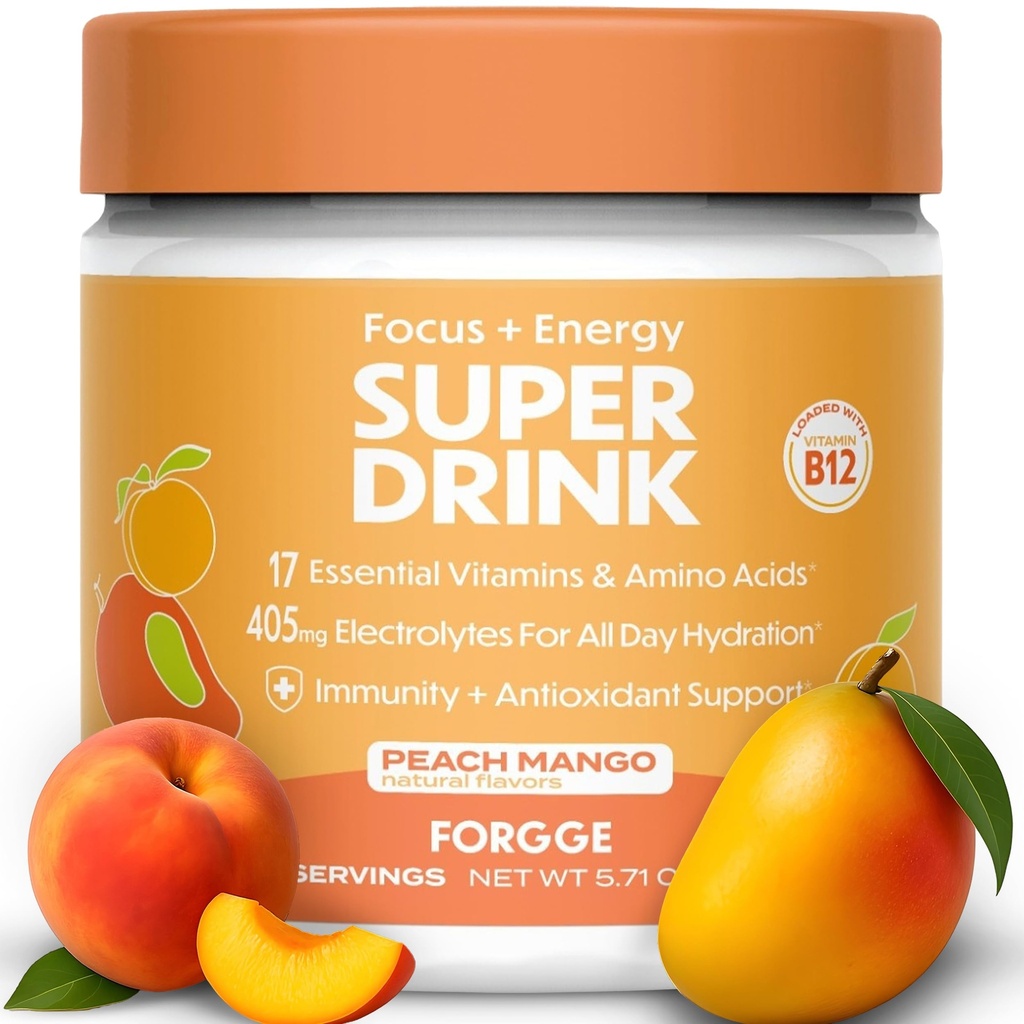 Cogge Energy Booster Super Drink - Čisti kofein + B12, B6, C & D Vitamini - Brez sladkorja Energy Drink v prahu z elektroliti, Aminokisline, antioksidanti, Lions Mane - Vegan, Keto-Prijatelj - 30 SVG, Peach Mango