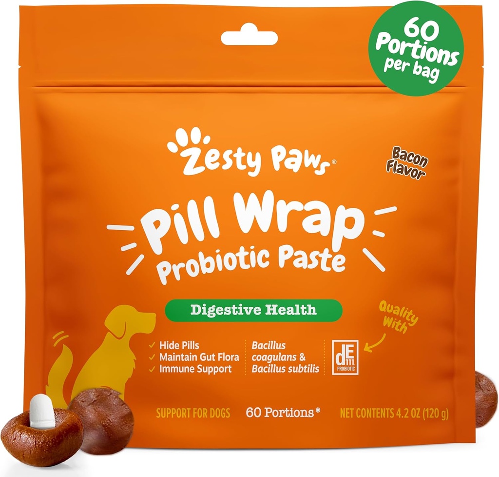 Tablete Zesty Paws Previj Probiotic Paste za pse - Podpora imunskega in prebavnega sistema - aroma slanine - z DE111 Bacillus subtilis - Žepek vse tablete, tableta in kapsula za vašega psa - 4,2oz - 60 Portioni