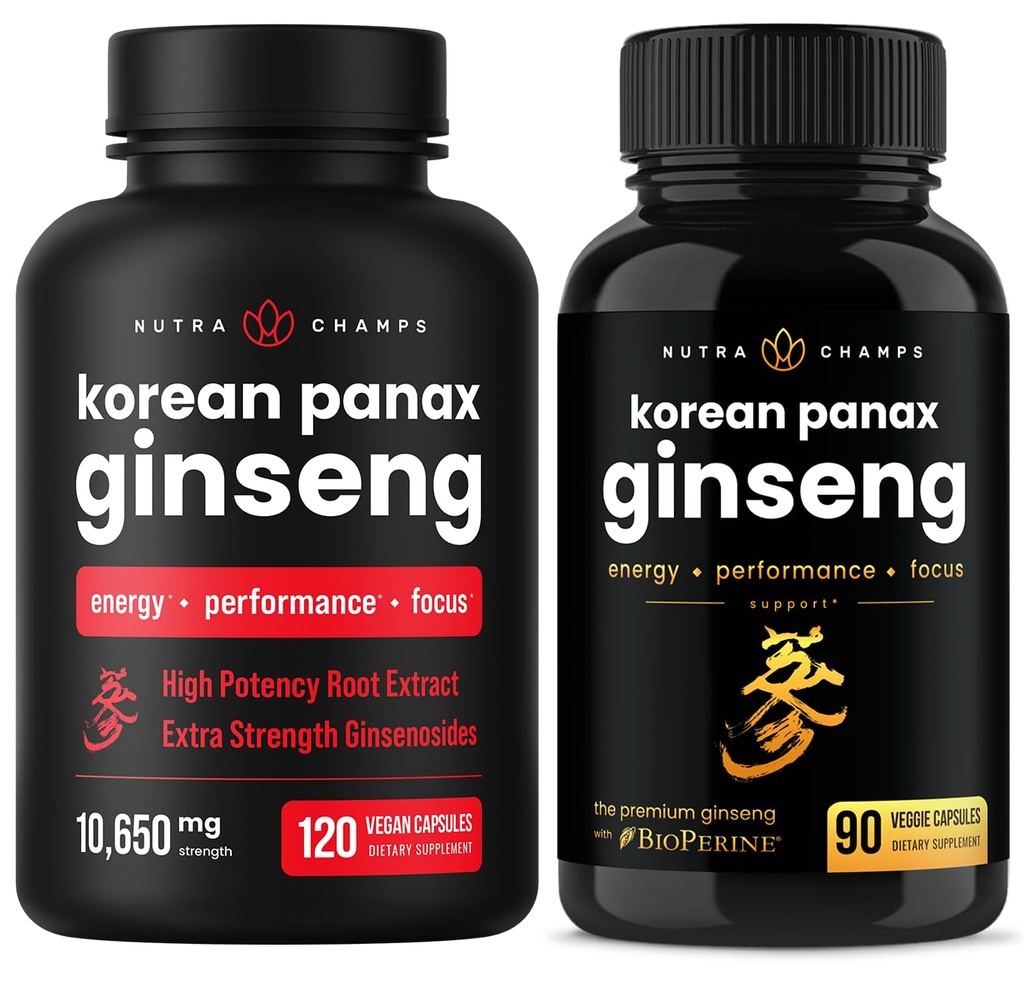 NutraChamps Complete Ginseng Duo - Popolna energija, Focus & Stamina podpora Bundele – Ginseng Gold & Korean Red Panax Ginseng