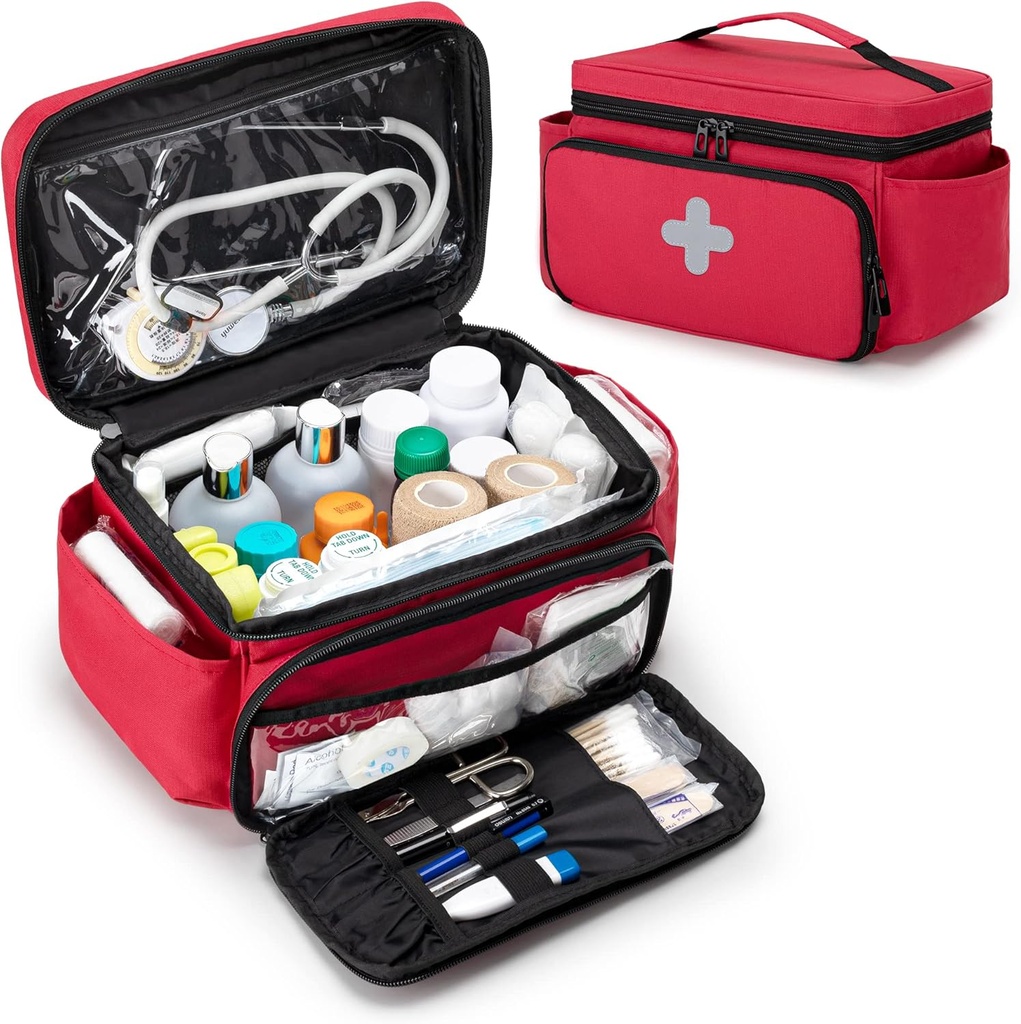CURMIO Small Medicine Shramba Prazna, Prva družinska pomoč Box, Pill Bottle Organizator za nujne medicinske potrebščine, rdeča (samo Bag, Patent nerešen)