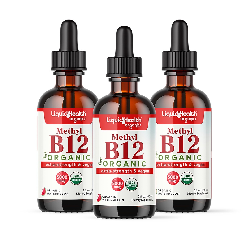 LIQUIDHEALTH USDA Ekološki metil vitamin B12 Metilkobalamin tekoče kapljice s Tart Cherry Juice - povečanje energije, imunske podpore, izboljšanje spomina in koncentracije - ZDA Made, Vegan, Non-GMO (3 Pack)
