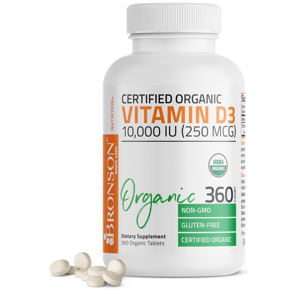 Bronson Vitamin D3 10.000 i.e. (250 μg) Certified Organic High Potency Non-GMO Vitamin D dodatek, 360 Tablete