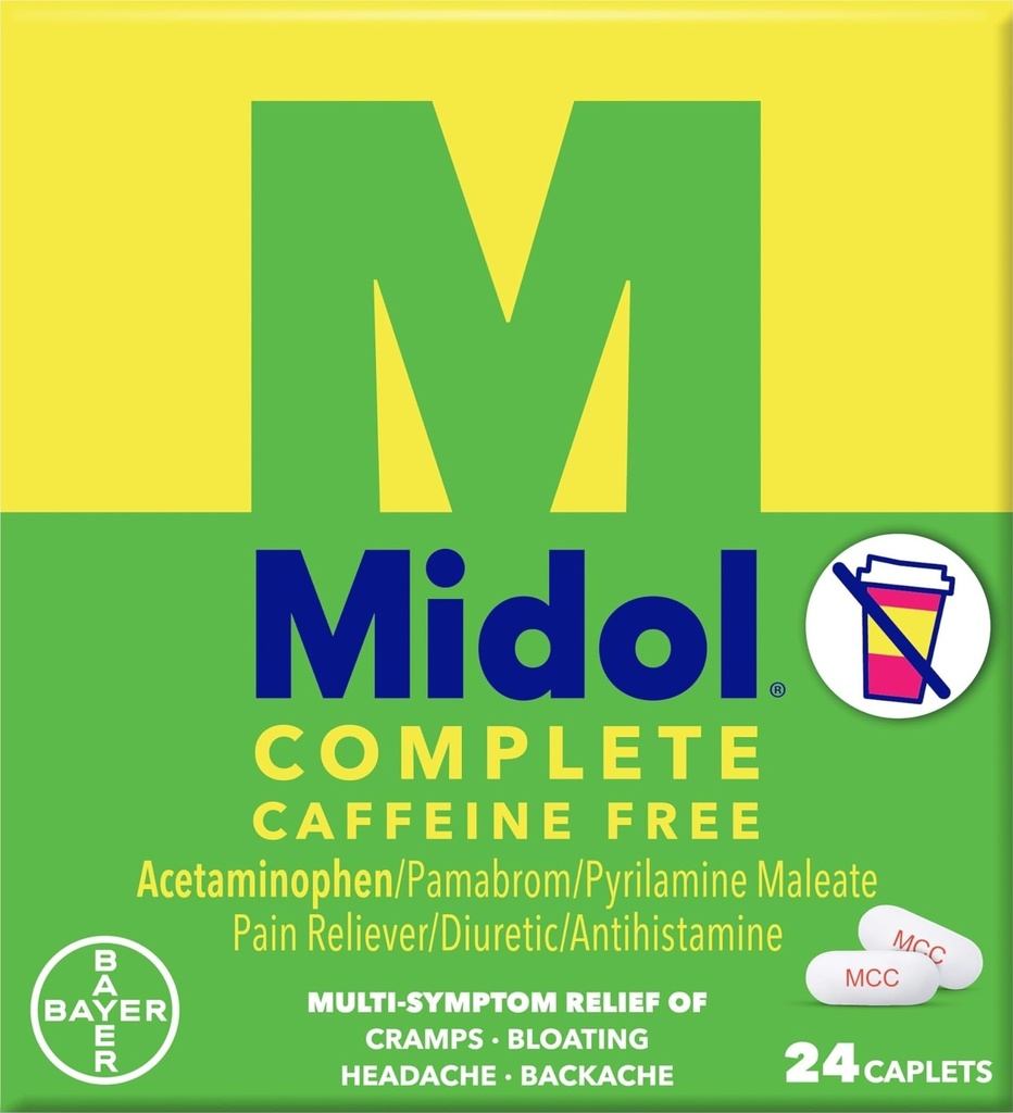 Midol Complete Caffeine Free Caplets 24ct: Midol Complete Caffeine Free Menstrual Pain Relief Caplets z acetataminofen, Zagotavlja glavobol Relief in obdobje Cramps Relief, 24 Število