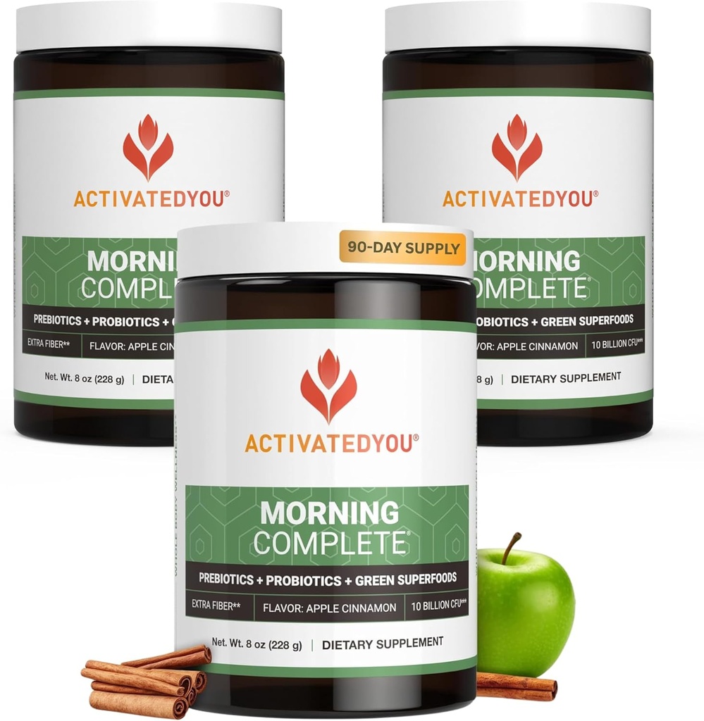 ACTIVATEDAYOU Jutro Popoln dnevni Wellness Zeleni Superhranska pijača Mešanica za Gut Health w/Prebiotics, probiotiki, antioksidanti, zelena superživila, 10 milijard CFUs (3 Pack, Apple Cinamon)