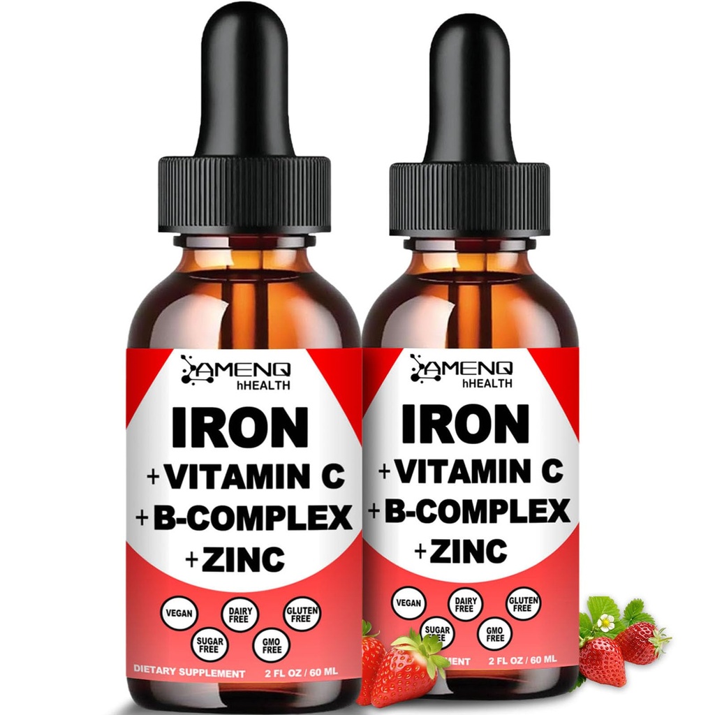 2 Pack Tekoči železovi dodatki w/ Vitamin C, A, B- Complex, Veganske železove kapljice Visoka moč Tekoči vitamin in železovi dodatki za ženske, moške in otroke -Podpora rdeče krvne celice, energija, anemija in utrujenost