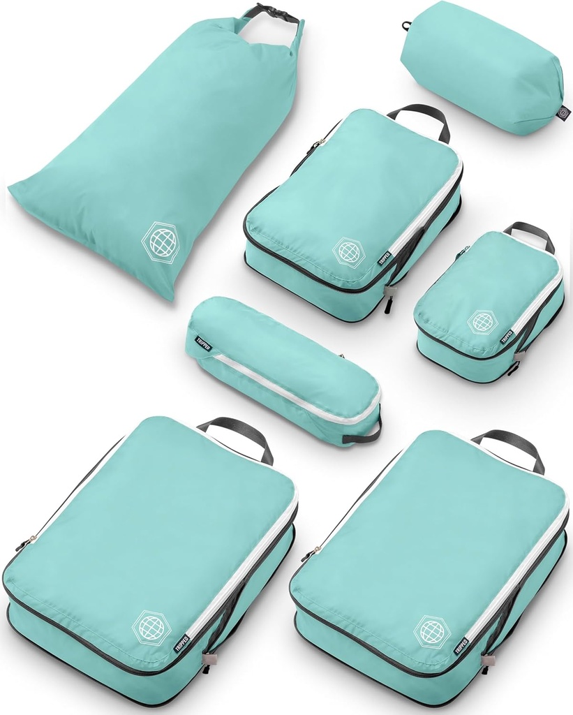 Velika kompresija Pakiranje Kocke za potovalno-pakiranje Kocke Prtljaga Organizatorji 7 kos Set za Checked Prtljaga-Ultralight, Razširljive / Kompresijske vrečke z TRIPPED Potovalno orodje (DustyTeal/White)