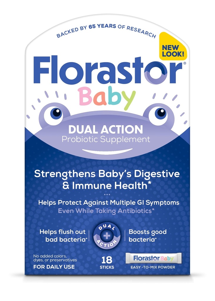 Florastor Baby Daily Probiotic Supplement, Powder Mešanice z mlekom, Formula ali Soft Foods, Saccharomyces Boulardii CNCM I-745 (18 Powder Sticks)
