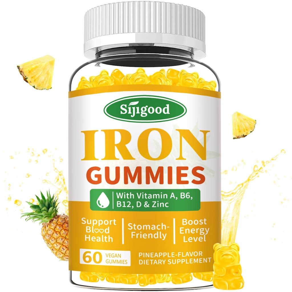 Železo Gumiji za ženske in moške - Veganski železov dodatek za anemijo in pomanjkanje železa, z vitaminom B12, vitaminom C, cinkom, folatom - energijsko povečanje, brez sladkorja, Ananasov okus, 60 Število