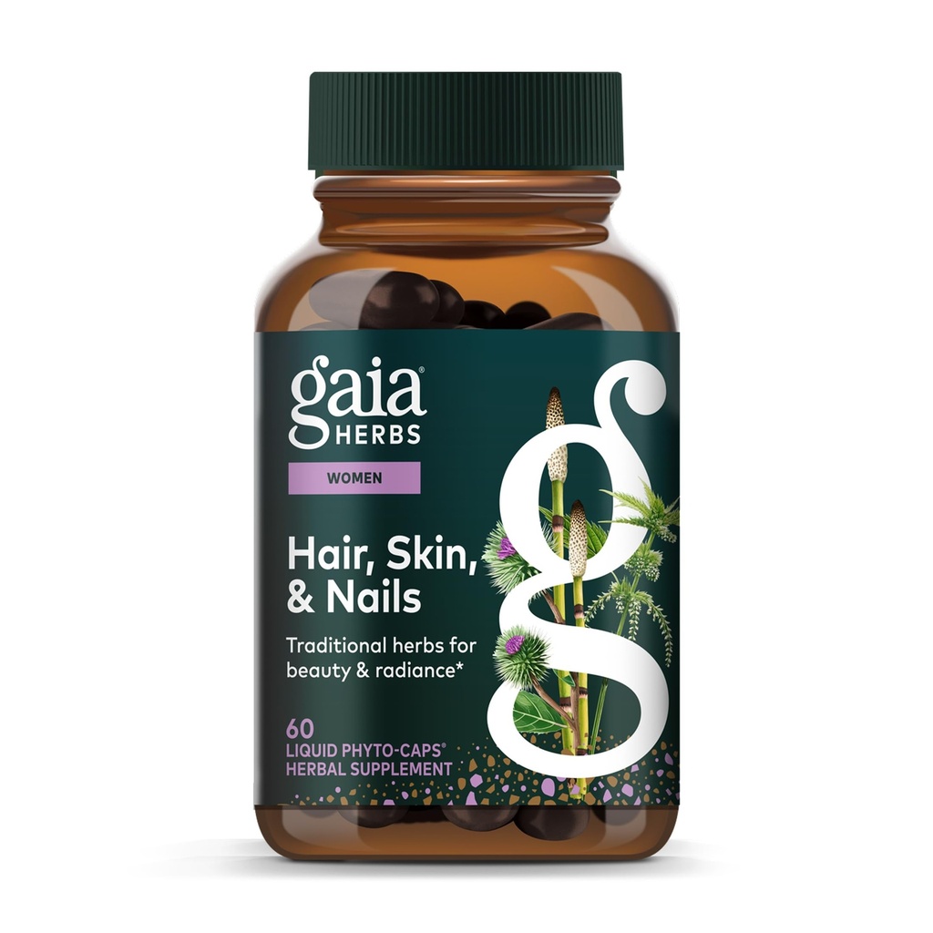 Gaia Zelišča Lasje, kože in nohti - Dopolnilo k podpori Zdrava koža, Lasje in Nail zdravje* - Astaksantin, Horsetail, Gotu Kola & Burdock - 60 Veganski tekoči Phyto-Capsules (30 Serving)