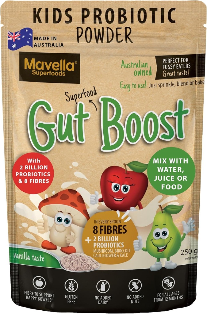 Otroci Probiotic Powder Gut Boost – Daily Digestive & Imunska podpora z vlakni za otroke Toddlers, Vanilla arome Fiber dodatek, Easy Mix za zaprtje in Gut Health 8.82oz(250g)