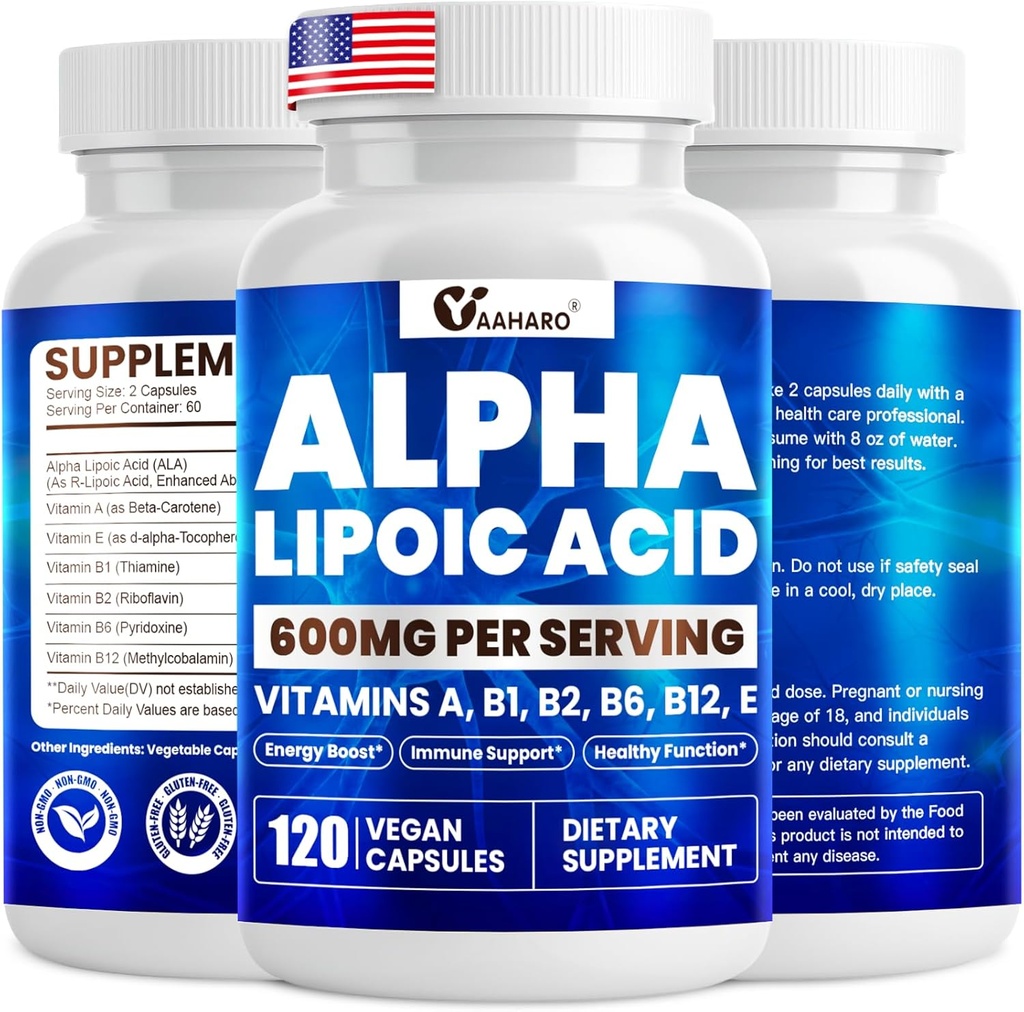 Alfa lipojska kislina 600 mg, ALA dodatek za energijsko okrepitev, imunske podpore, zdravo funkcijo, in okrepljeno absorpcijo, R-Alpha lipojska kislina z esencialnimi vitamini, 120 kapsul