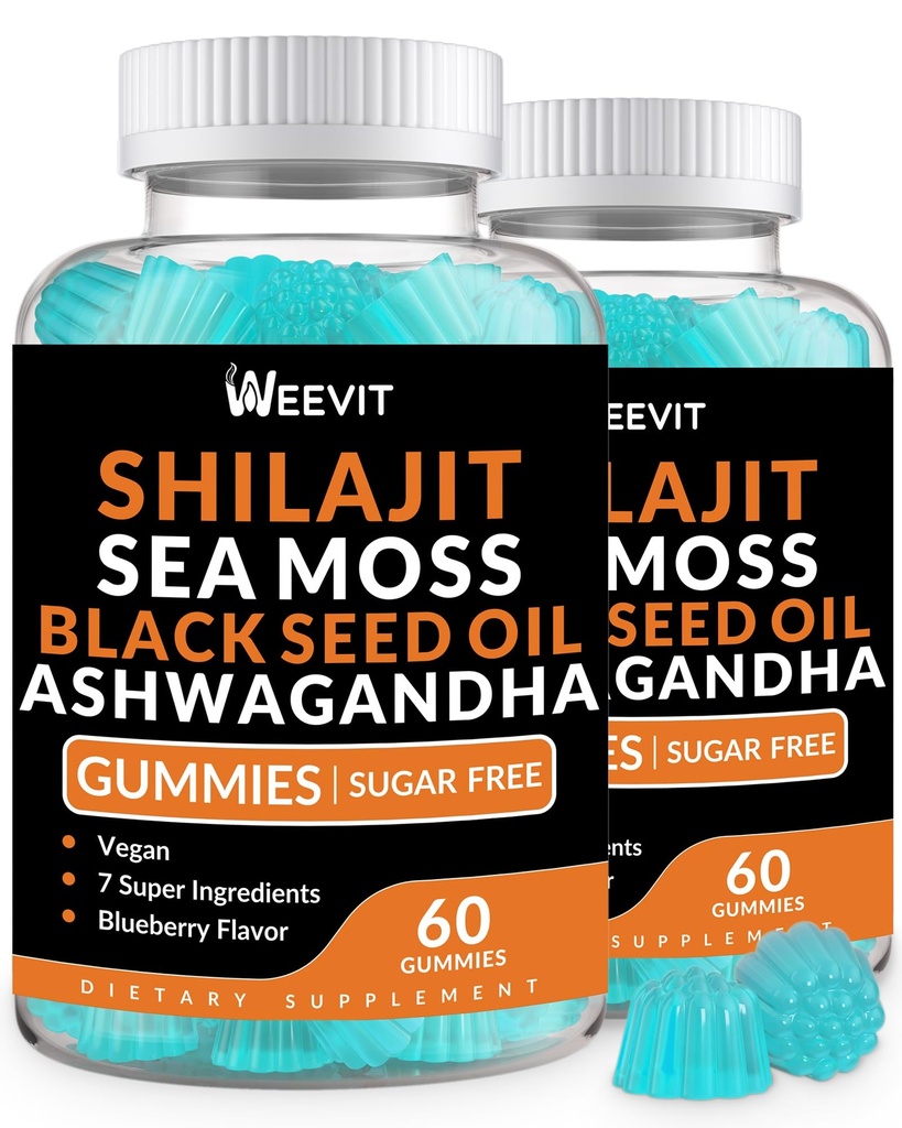 Shilajit Sea Moss Ashwagandha Gummies s kurkuma, črno seme olje, Vitamin C D za moške in ženske, Shilajit in Ashwagandha Gummy, Vse v 1 Dodatki za imuno, Absorpcija in energijska podpora