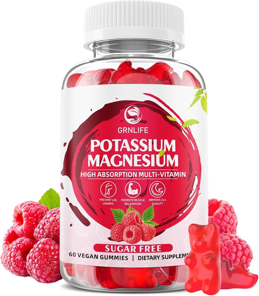 Kalijev magnezijev dodatek Gumiji, Kalijevi gumiji za odrasle otroke, visoka absorpcija Magnezijev Glicinat za zlome nog in imuno zdravje, brez sladkorja, Raspberry Flavors, 60 Count