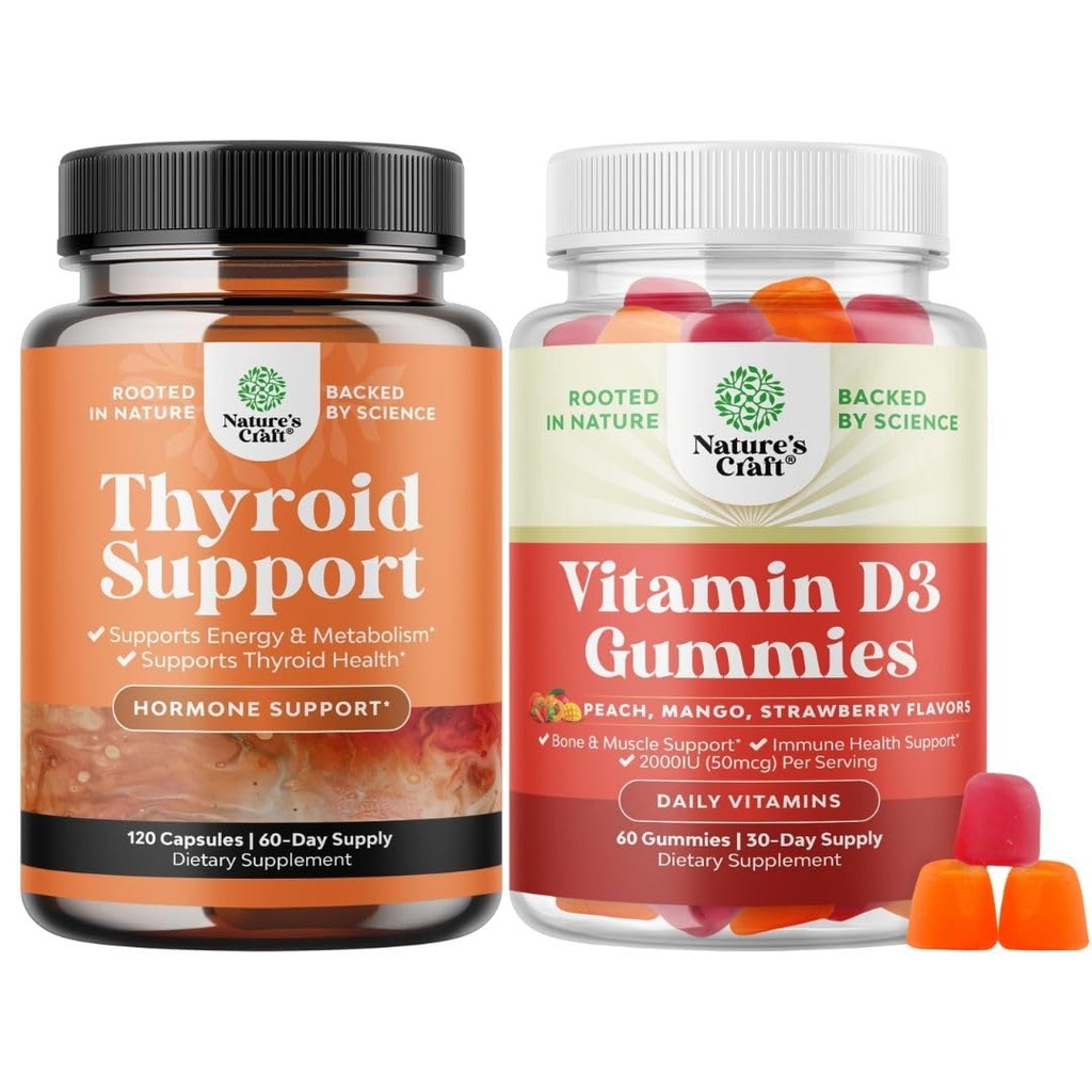 Sklop zeliščne podpore za ščitnico - Potent Kelp Jodin z L tirozinom, Bladderwrack, Selenium & Pure Ashwagandha in vitamin D3 Gumies - Okusni D Odrasli z 2000 i.e. na služijo za kostne mišice